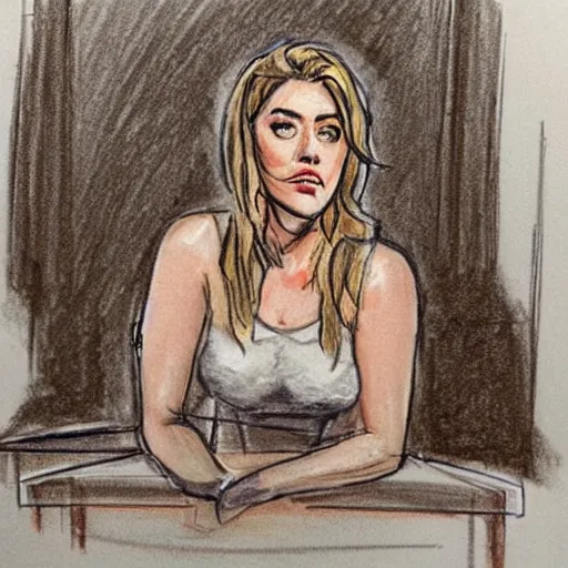 Image similar to courtroom sketch of amber heard squatting on top of a bed, a brown object is underneath her