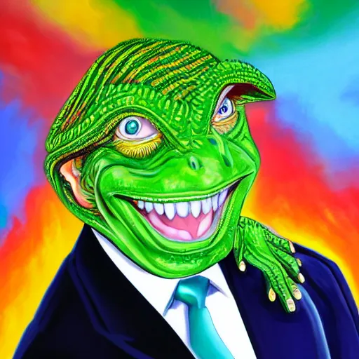 Prompt: president trump is a smiling laughing bright green lizard person, airbrush painting, hyper detailed, 8 k.