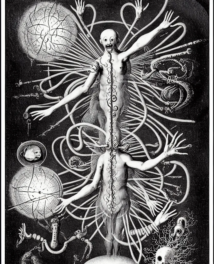 Image similar to whimsical freaky creature sings a unique canto about'as above so below'being ignited by the spirit of haeckel and robert fludd, breakthrough is iminent, glory be to the magic within