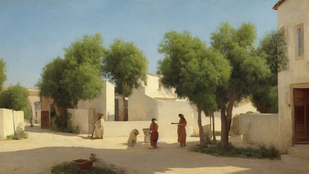 Image similar to a beautiful extremely complex painting of a street in a mediterranean village in summer by peter ilsted, whitewashed housed, tall cypress trees, blue shutters on windows, elderly woman sweeping the ground with a broom, national gallery of art highlights