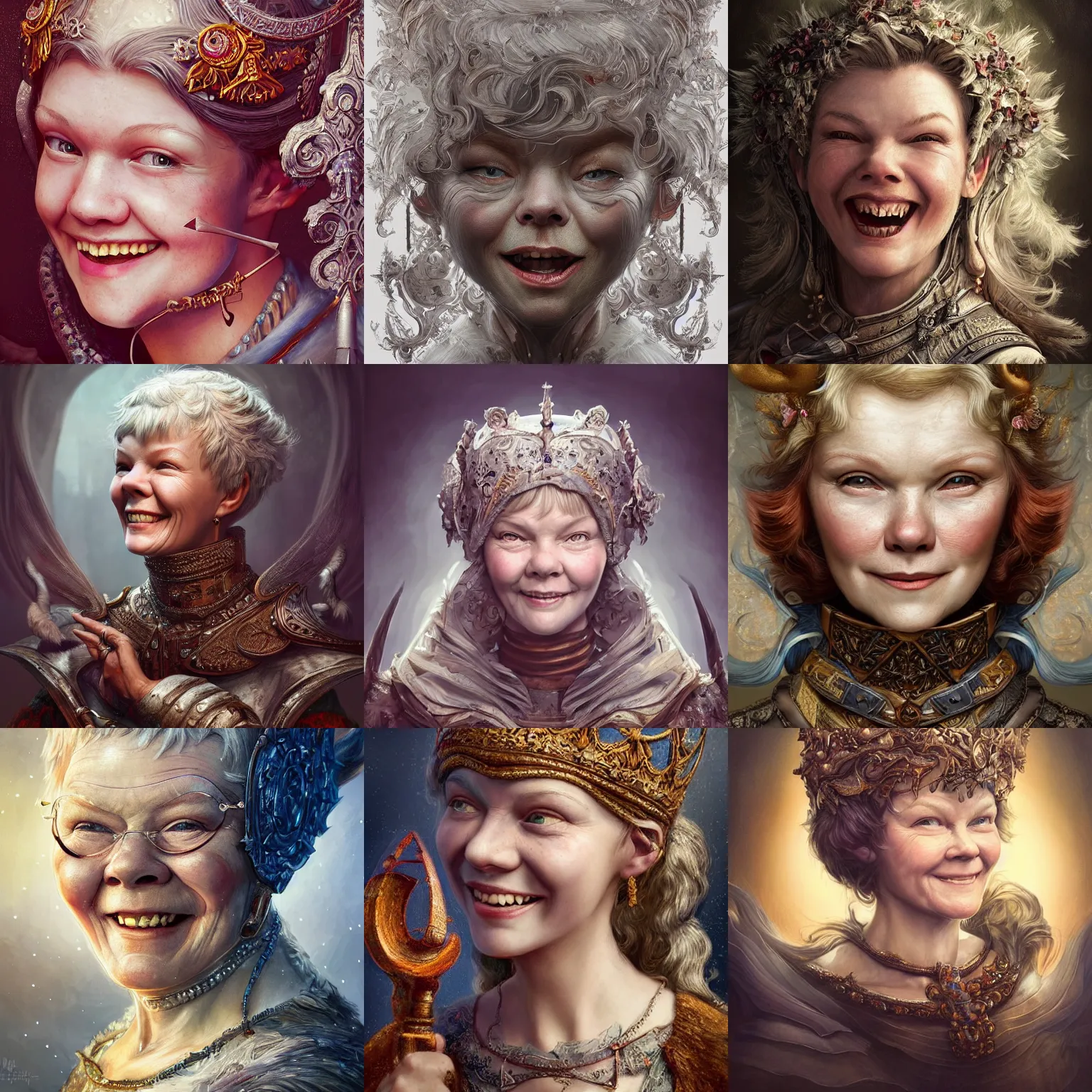 Prompt: Very very very very highly detailed epic central composition studio photography of Judy Dench smiling, intricate, medieval, extremely detailed, digital painting, artstation, concept art, smooth, sharp focus, illustration, studio lighting, incredible art by Anna Dittmann and Anton Pieck