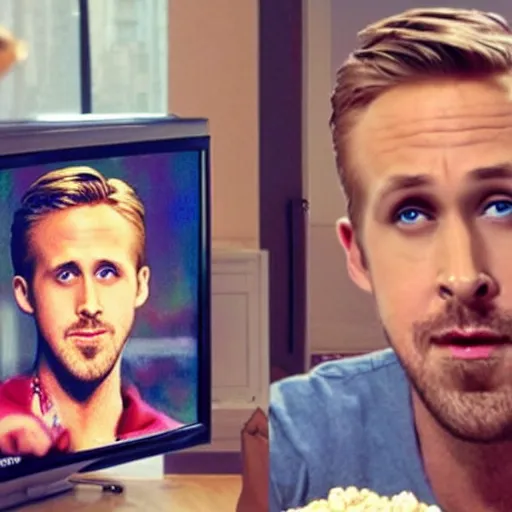 Image similar to Photo of Ryan Gosling feeding an image of Ryan Gosling on a TV some cereal! Its the Ryan Gosling meme haha!