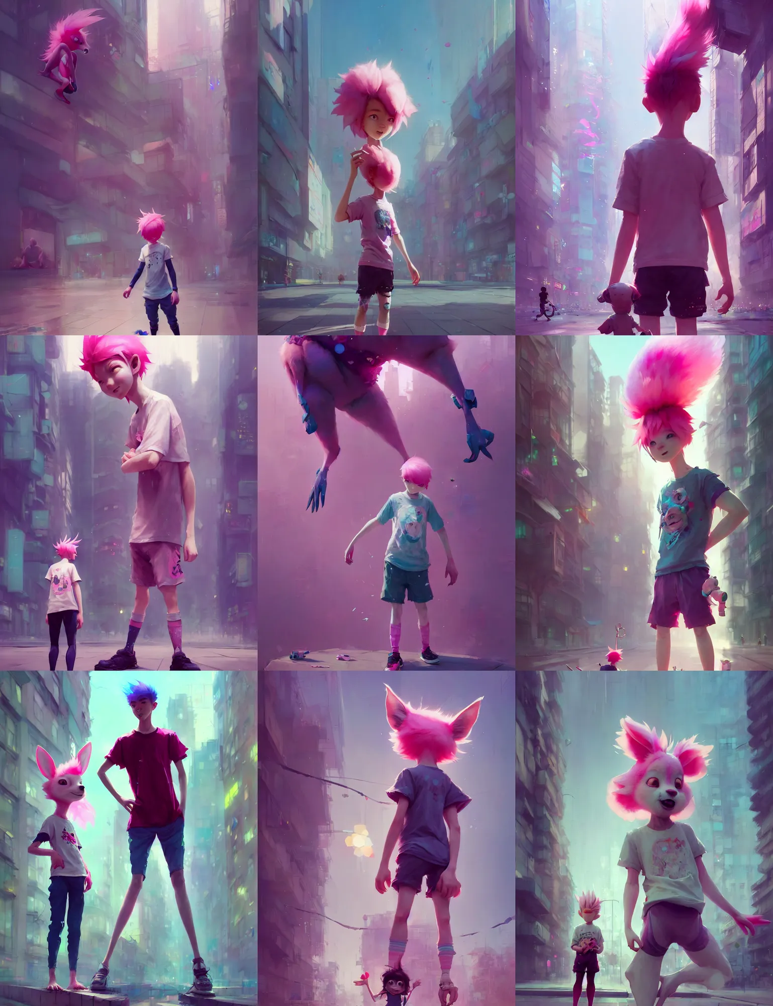 Prompt: a beautiful cute boy with pink hair wearing tshirt and leggings under shorts in a city. character design by cory loftis, fenghua zhong, ryohei hase, ismail inceoglu and ruan jia. artstation, volumetric light, detailed, photorealistic, fantasy, rendered in octane