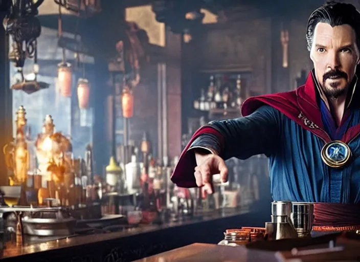 Image similar to film still of Doctor Strange working as a bartender in the new Avengers movie, 4k