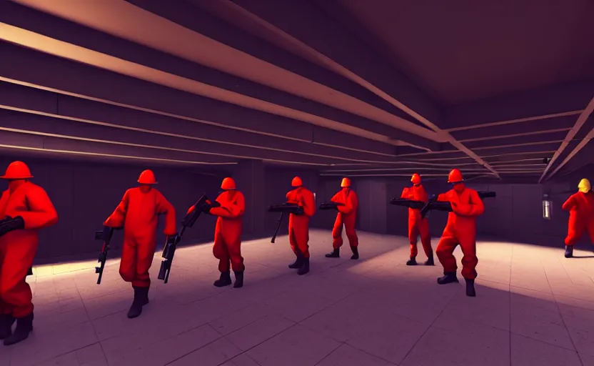 Image similar to in-game screenshot of a group of dark red hazmat scientists holding guns walking on unreal engine 5, in a liminal underground garden, photorealistic, retrofuturism, brutalism, staggered terraces, minimalist, soft vintage glow