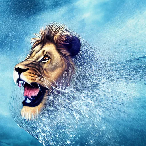 Image similar to a male lion's face breaching through a wall of water, water sprites, splashing, deep blue water color, highly detailed, realistic digital art