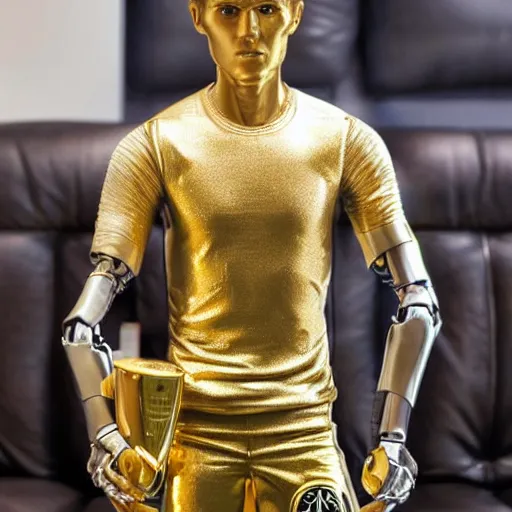 Image similar to a realistic detailed photo of a guy who is an attractive humanoid who is half robot and half humanoid, who is a male android, soccer player martin ødegaard, shiny skin, posing like a statue, blank stare, in a living room, on display, showing off his muscles, gold soccer shorts