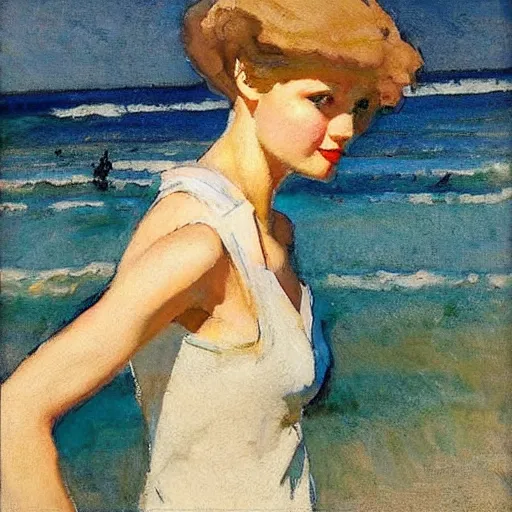 Image similar to woman on the beach, black dress, part leyendecker style, part dean cornwell style