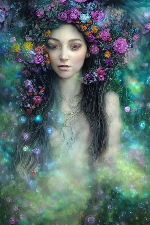 Prompt: elaborately detailed close up realistic portrait of an extremely beautiful girl with very long dark hair surrounded by flowers, an eerie mist and many ethereal rainbow bubbles, Art Noveau, Aetherpunk, atmospheric lightning, dreamscape maximized, iridiscent geometry, high fantasy professionally painted digital art painting, fantasy matte painting movie poster, smooth, sharp focus, highly detailed illustration highlights, backlight, golden ratio, 8K detail post-processing, symmetrical facial features, rich deep moody colors, dark epic fantasy, award winning picture, featured on DeviantArt, trending on cgsociety