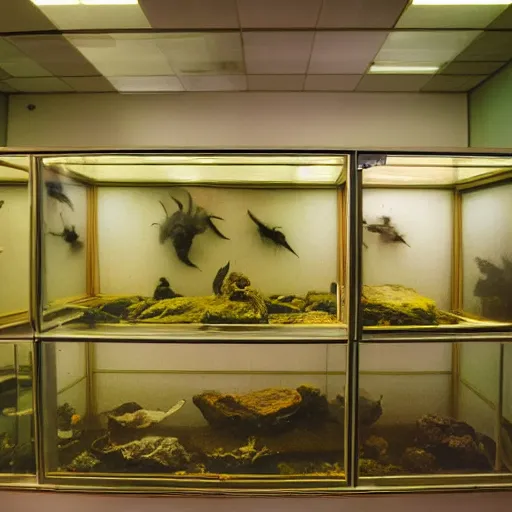 Image similar to spooky creepy liminal space, display case, aquatic exhibition museum, dried aquarium, computer screens, photo taken on 1 9 8 0 s fujifilm superia