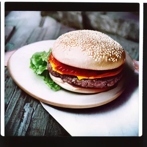 Prompt: A 1980s Polaroid photo of a hamburger with cheese ham and meat.