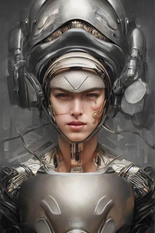 Prompt: Portrait of beautiful Ultra realistic illustration, angry female cyborg,Wearing a helmet on the head covering the entire face , cyberpunk, sci-fi, fantasy, intricate, elegant, highly detailed, digital painting, artstation, concept art, smooth, sharp focus, illustration, art by Yintion J , Jiang Geping and artgerm and greg rutkowski and alphonse mucha.