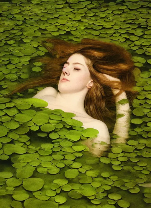 Image similar to lady laying under the river bed amongst the duck weed, underwater shot, submerged, medium shot, on the bed of the river preraphaelite colour photography, 8 k