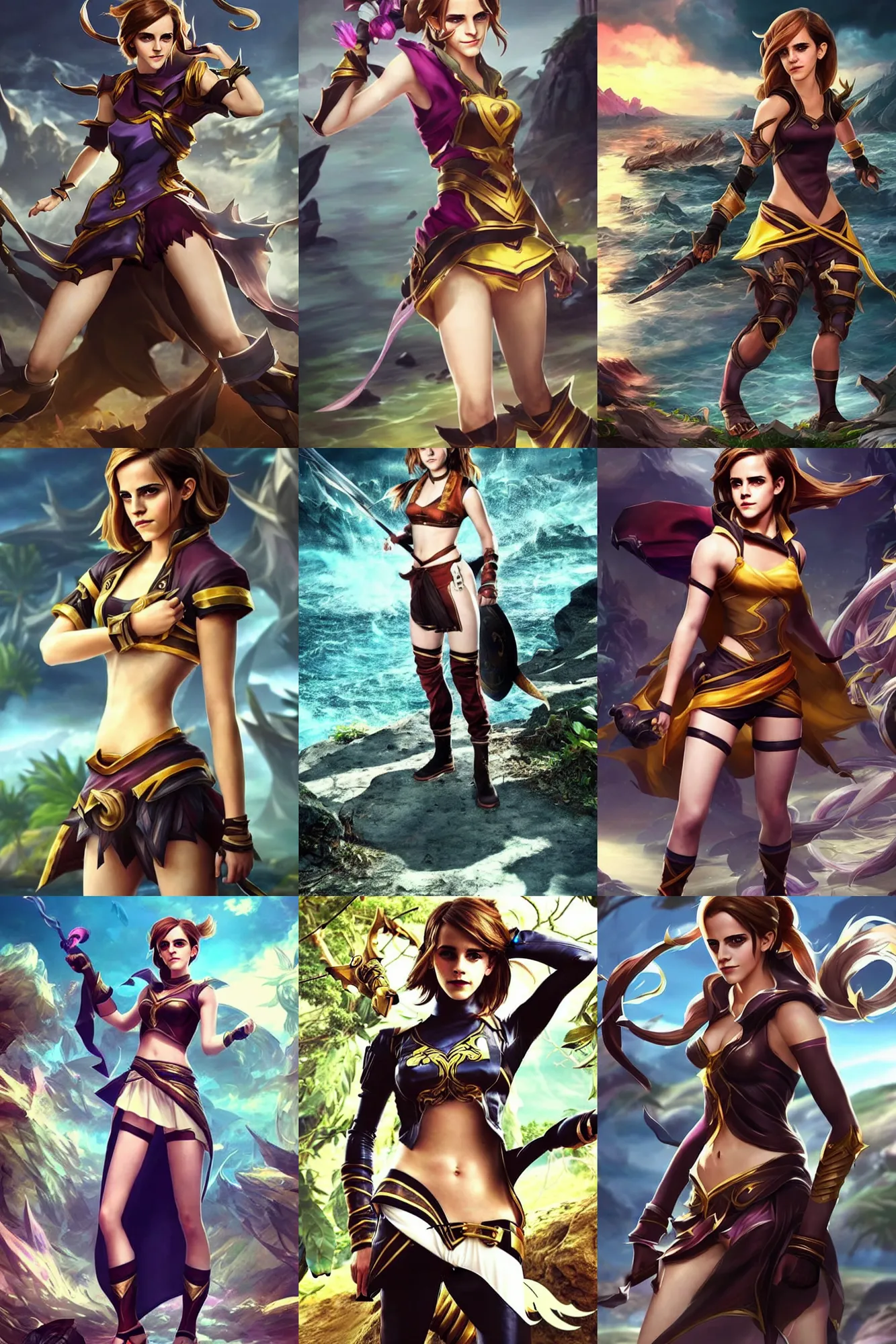 Prompt: A photo of Emma Watson dressed as a champion from League of Legends in a island. Legendary Skin. Epic Posing. Visually Stimulating.