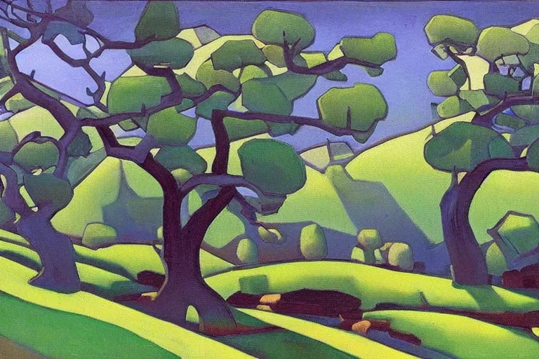 Prompt: masterpiece painting of oak trees on a hillside overlooking a creek, dramatic lighting, by nicholas roerich