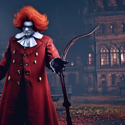 Image similar to Screenshot of Ronald McDonald in the game Bloodborne, highly detailed