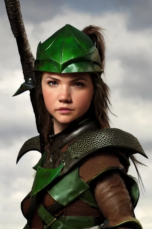 Prompt: fantasy character photo. female ranger. danielle campbell. facial expression of manic obsessive love. tall, lanky, athletic, wiry. brown & dark forestgreen leather armor. small lightgreen feathered cap worn at jaunty angle. black hair in ponytail. bright blue eyes. consulting in secret with an unseen, shadowy informant
