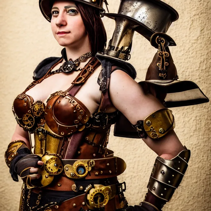 Prompt: full length portrait photograph of a real-life beautiful woman steampunk roman centurion. Extremely detailed. 8k
