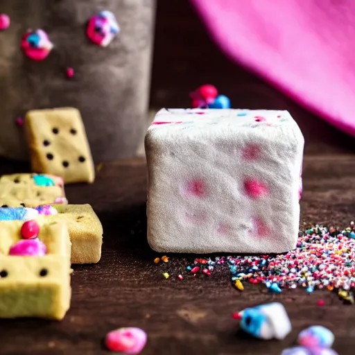 Prompt: photograph of a marshmallow cube with sprinkles on a dark wooden chopping board, pastel colours, hessian cloth, styled food photography, photorealistic, 4 k