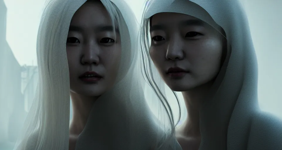 Prompt: portrait of kang seul - gi, white long hair, burka, cyberpunk, in a ruined temple, symetrrical facial. ruan jia, weldon casey, giger. cinematic. smooth gradients, transparent inflatable structures. trending on artstation.