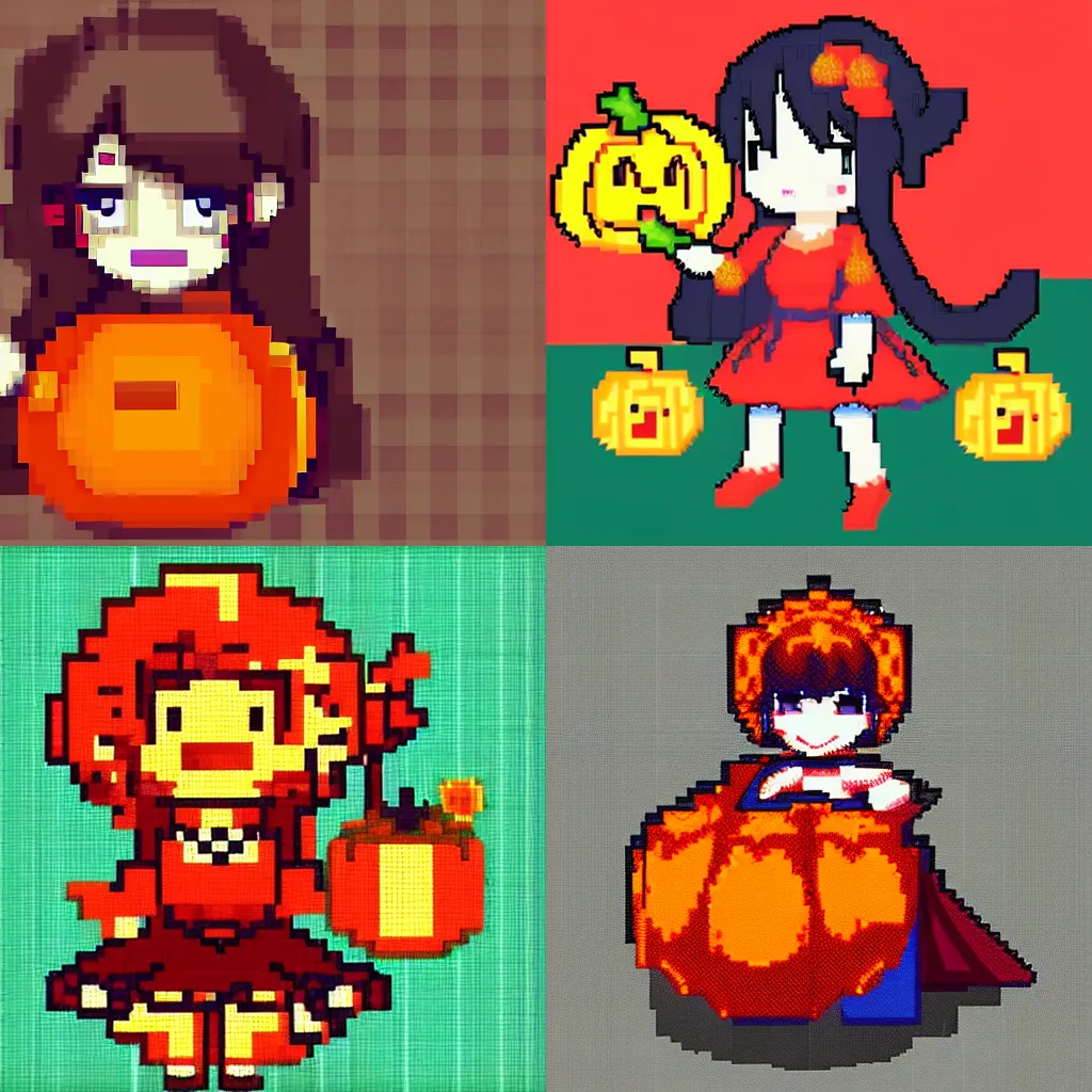 Prompt: pixel art of hakurei reimu holding a pumpkin