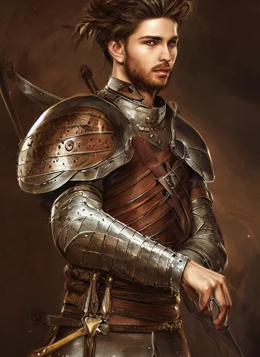Prompt: a relaxed gorgeous male medieval warrior, short brown hair, stringy, full body, 8 k, hyperrealistic, hyperdetailed, fantasy portrait by laura sava