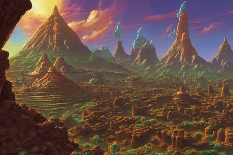 Prompt: zelda botw, epic forgotten temple, art by tim hildebrandt, dramatic lighting, desert colours, unreal engine, very elegant, wide angle lens