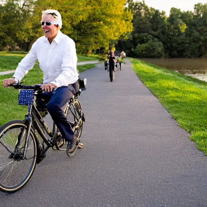 Image similar to joe biden!! falling off bike while stopping on a bike path, it is sunset and there are hundreds of ducks in the backgroud, canon eos c 3 0 0, ƒ 1. 8, 3 5 mm, 8 k, medium - format print