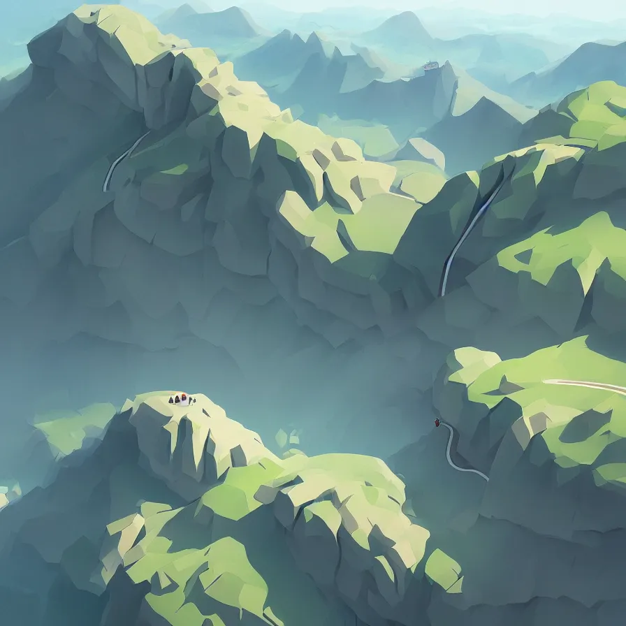 Image similar to Aerial view of a mountain with a road surrounding it as it descends to the edge of the mountain, art by Goro Fujita, ilustration, concept art, sharp focus, ArtStation and deviantart