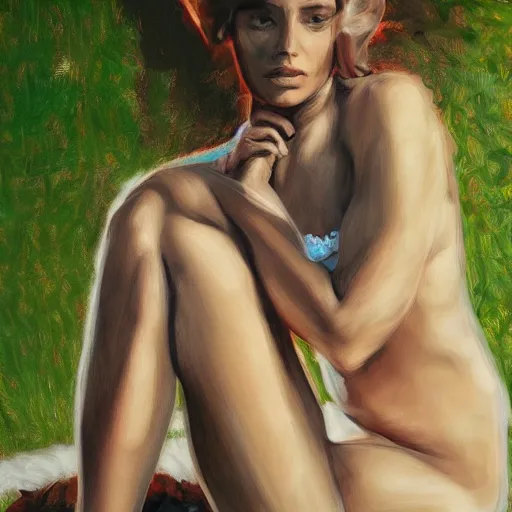 Image similar to full length portrait of a beautiful goddess, sitting in the shade, by Jason Jenicke, detailed, stylized, loose brush strokes, intricate, realistic, exaggerated lighting, sense of scale, ferocious, sensual