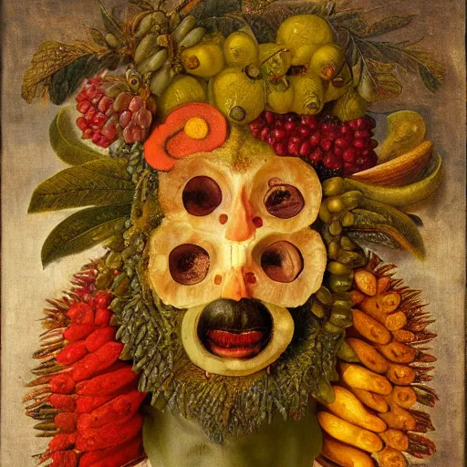 Image similar to a head made out of fruit by giuseppe arcimboldo, oil on canvas