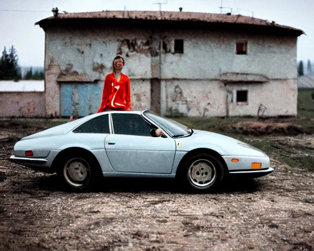 Prompt: a lomographic photo of ferrari standing in typical soviet yard in small town, hrushevka on background, cinestill, bokeh