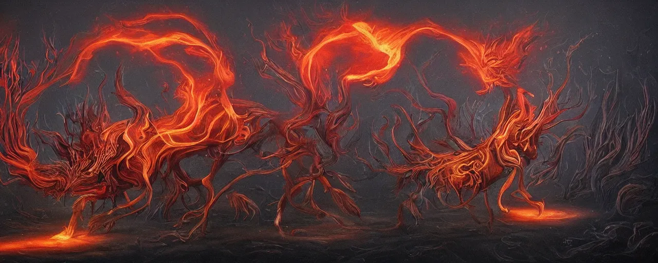 Image similar to whimsical fiery alchemical creatures, surreal dark uncanny painting by ronny khalil