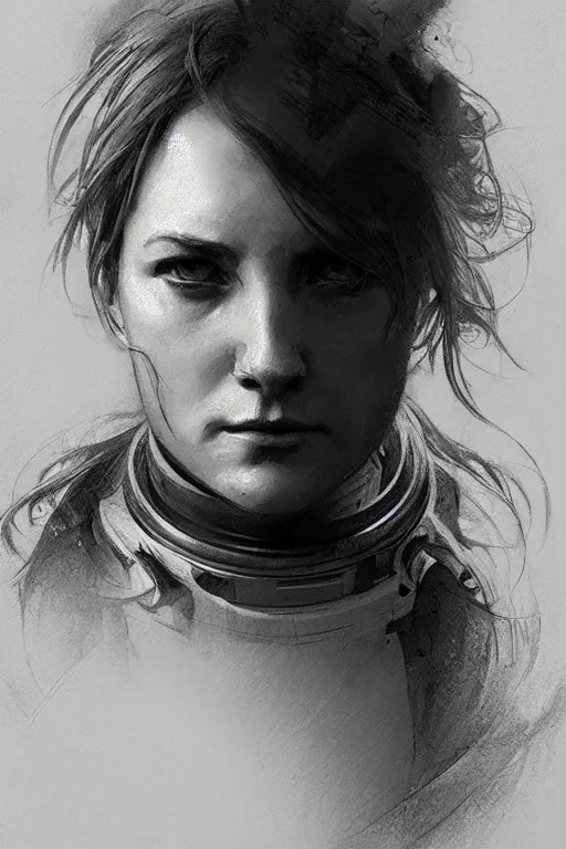 Prompt: portrait pencil sketch of female astronaut by jeremy mann and alphonse mucha, fantasy art, realistic drawing, dynamic lighting, artstation, poster, volumetric lighting, very detailed faces, 4 k, award winning