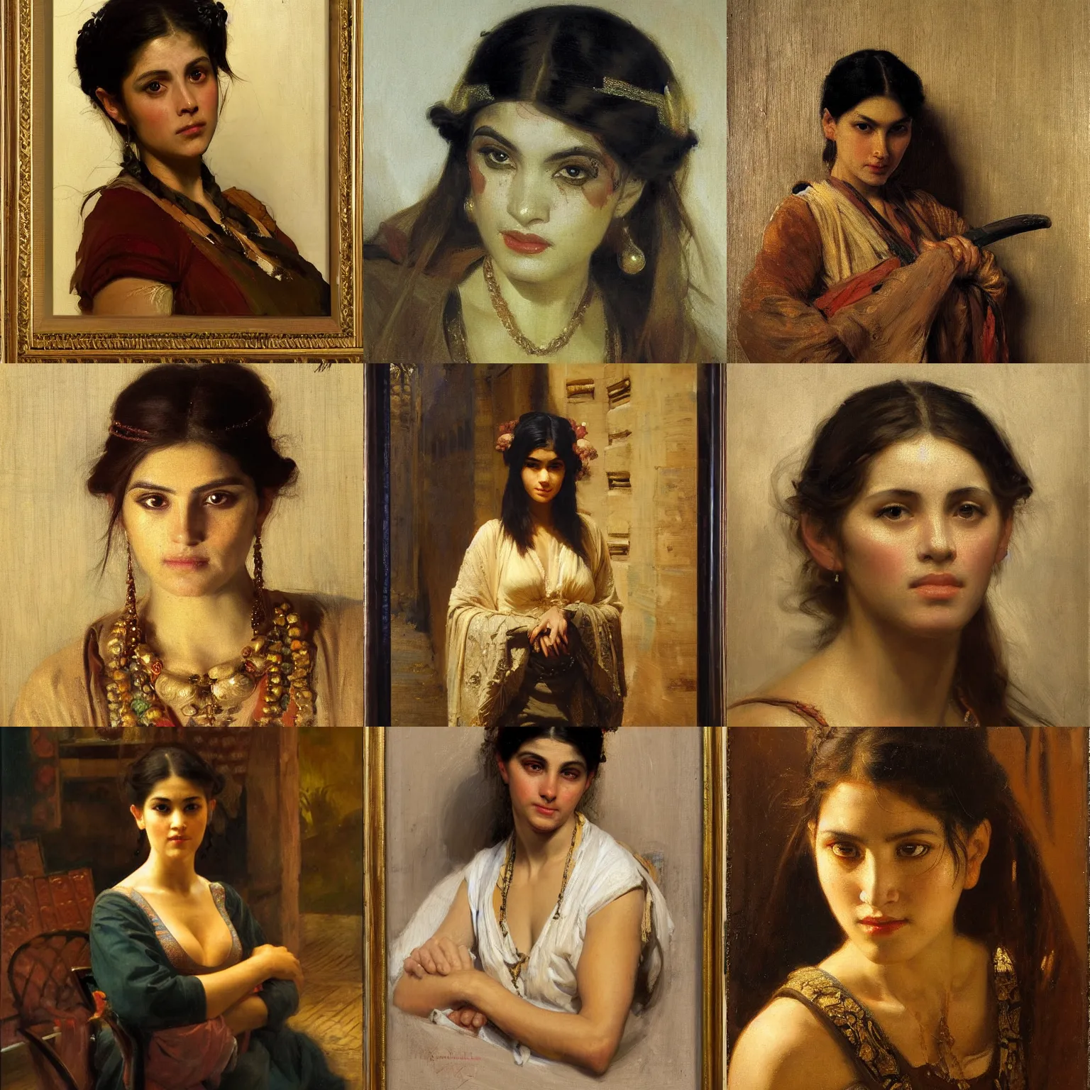 Prompt: orientalism painting of a young woman glowering at the camera by theodore ralli and nasreddine dinet and anders zorn and nikolay makovsky and edwin longsden long, bronze age, sword and sorcery, oil on canvas, masterful intricate artwork, excellent lighting, high detail 8 k