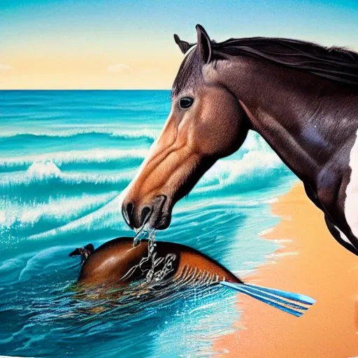 Image similar to horse swimming in the ocean with fork and knife, photorealistic, high detail