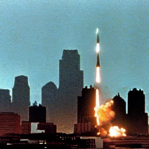 Image similar to nuclear missile destroy the world trace center towers, in american psycho ( 1 9 9 9 )