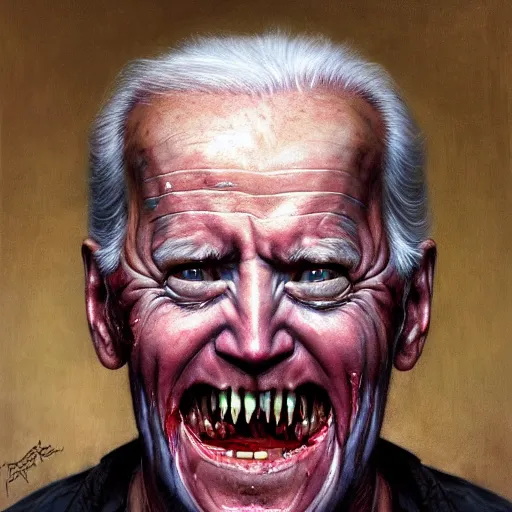 Image similar to a portrait of joe biden, flesh eating worms, macabre, horror saw teeth, horror rotten teeth, peeling face skin, by donato giancola and greg rutkowski and wayne barlow and zdzisław beksinski, realistic face, visible face, digital art, artstation, symmetry