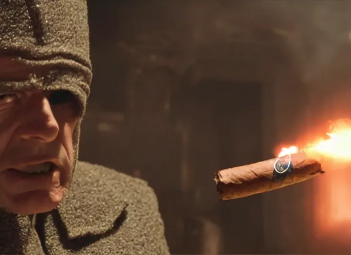 Prompt: film still of bender holding a lit cigar in the new scifi movie, 4 k