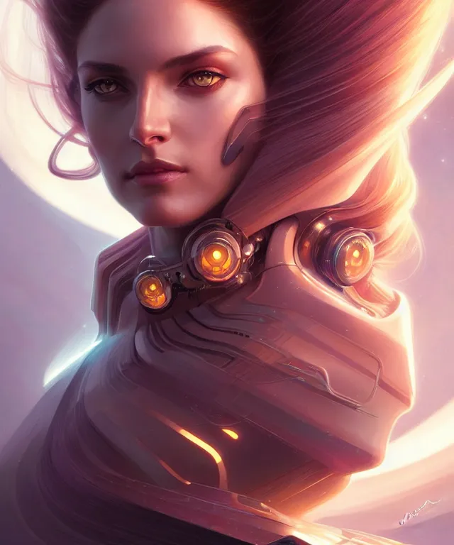 Image similar to futuristic woman portrait, sci-fi, amber eyes, face, long hair, fantasy, intricate, elegant, highly detailed, digital painting, artstation, concept art, smooth, sharp focus, illustration, art by artgerm and greg rutkowski and alphonse mucha