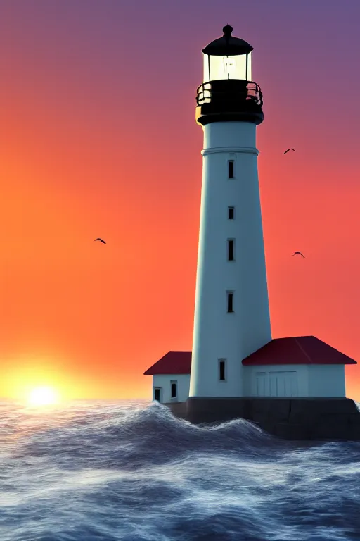 Image similar to highly detailed lighthouse with heavy waves at sunset, global illumination, god rays, detailed and intricate environment, 8 k