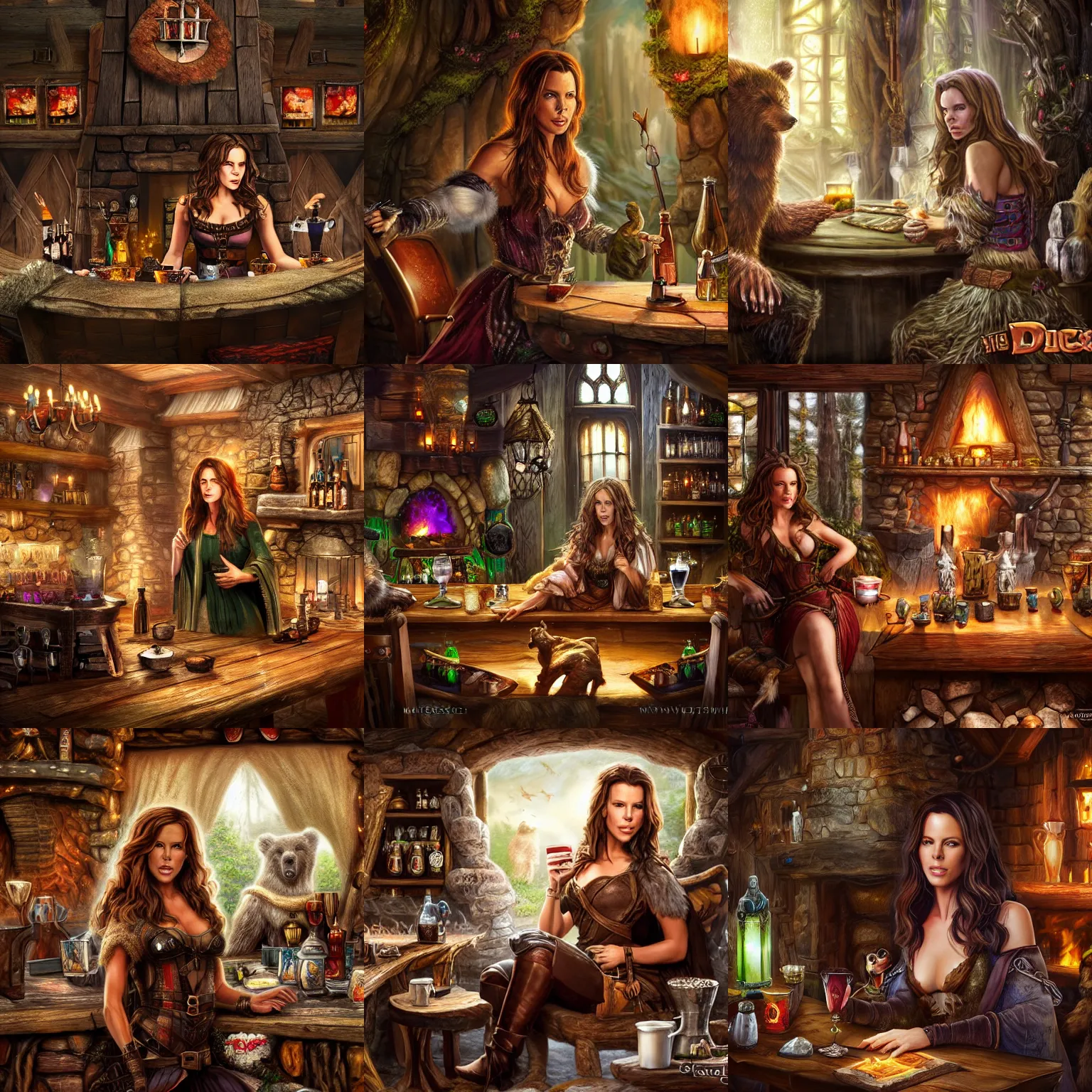 Prompt: kate beckinsale as druid, sit in fantasy tavern near fireplace, behind bar deck with bear mugs, medieval dnd, colorfull digital fantasy art, 4k