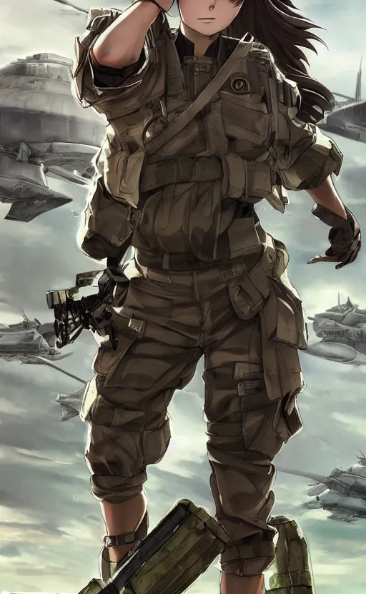 Prompt: brown hair girl, trading card front, future soldier clothing, future combat gear, realistic anatomy, concept art, professional, by ufotable anime studio, green screen, volumetric lights, stunning, military camp in the background, metal hard surfaces, focus on generate the face, tanny skin, sonic boom, realistic airplane