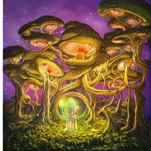 Prompt: acrylic painting, art in the style of Terry Moore, Moebius and Mohrbacher, a tiny village carved into the side of a tree, inhabited by elves and faeries, the outside lights are bioluminescent mushrooms and fungi intricately detailed