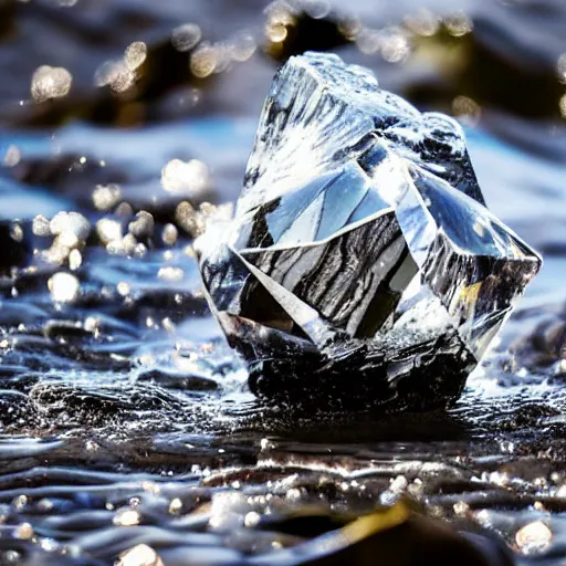 Image similar to Close shot of an otherworldly crystal lying in water from a river