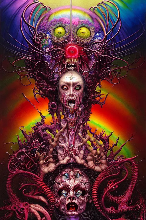 Prompt: realistic detailed image of wrathful rainbow nightmare scientist creator god action horror by lisa frank, john martin, ayami kojima, amano, karol bak, greg hildebrandt, and mark brooks, neo - gothic, gothic, rich deep colors. beksinski painting, part by adrian ghenie and gerhard richter. art by takato yamamoto. masterpiece