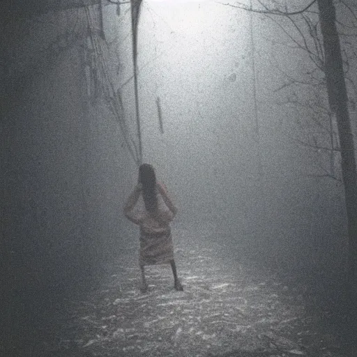 Prompt: Photograph of Samara Morgan crawling through Silent Hill, dark, no lights, moist, taken using a film camera with 35mm expired film, bright camera flash enabled, award winning photograph, creepy, liminal space