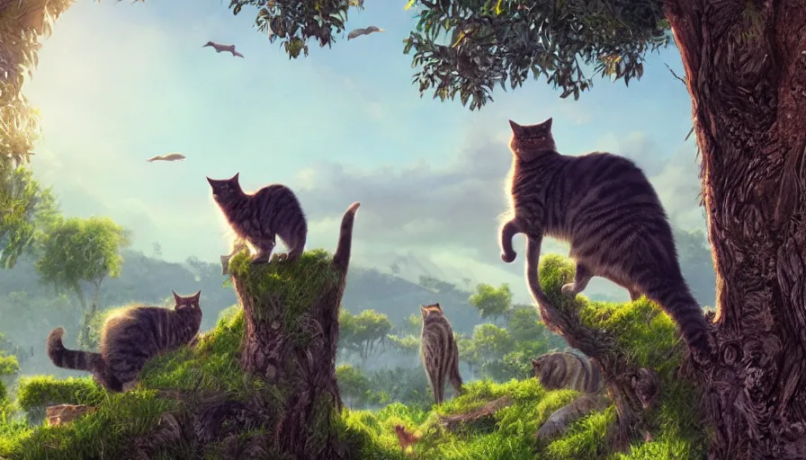 Prompt: lot of cats on a tree, green hills background, matte painting, artstation, sunrise, blue sky, art by caspar finch