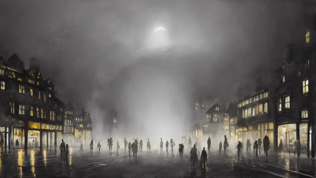 Image similar to a black hole with glowing edges over old town with houses in the windows of which the light is on and a crowd of people on street. early morning, fog on ground, wet street. mike barr painting. volumetric light, dull colors, dark, noir arthouse, 3 5 mm, hight detalied, hd, 4 k