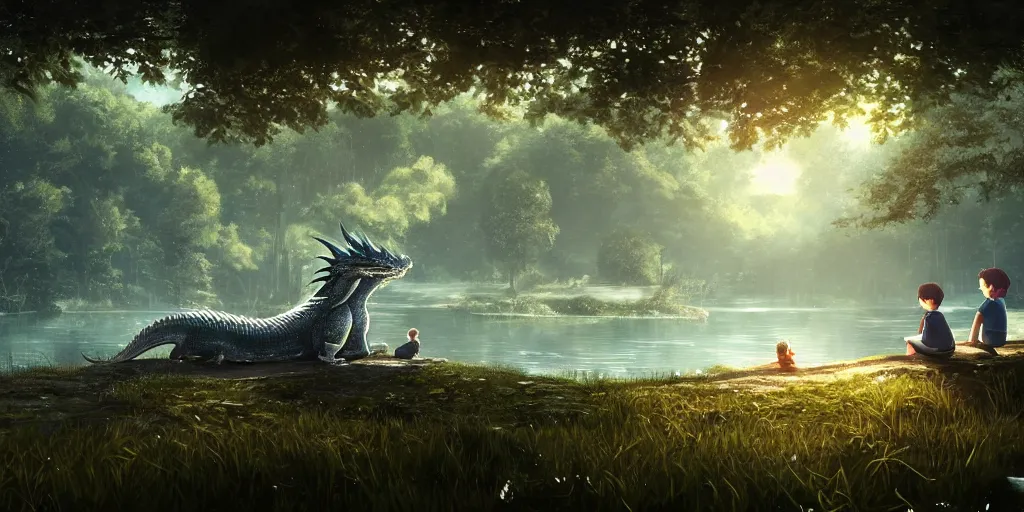 Image similar to a big silver dragon and a boy sitting next to lake in forest, many fireflys, at night, concept art, dof, cryengine, digital art, detailed background, makoto shinkai